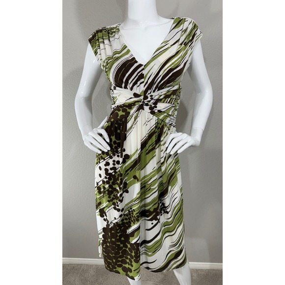 VTG BCBG Paris Dress Sz M Stretchy Y2K Ruched Jersey White Green Brown - Picture 1 of 9